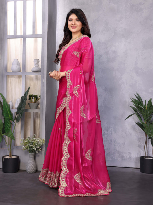 New Pink Color Chiffon Embroidery Work Party Wear Saree