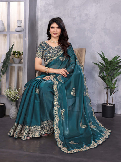 New Teal Color Chiffon Embroidery Work Party Wear Saree