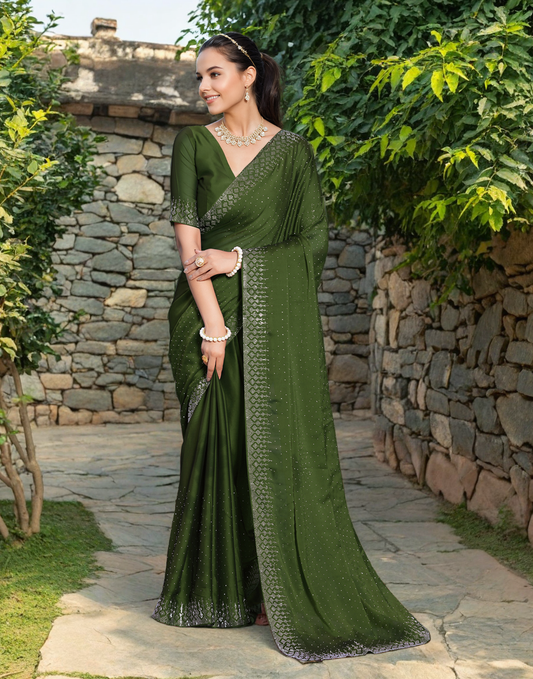 Mehendi Color Rangoli Saree with Diamond Work