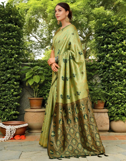 Amazing Olive Green Color Silk Weaving Work Paithani Party Wear Saree