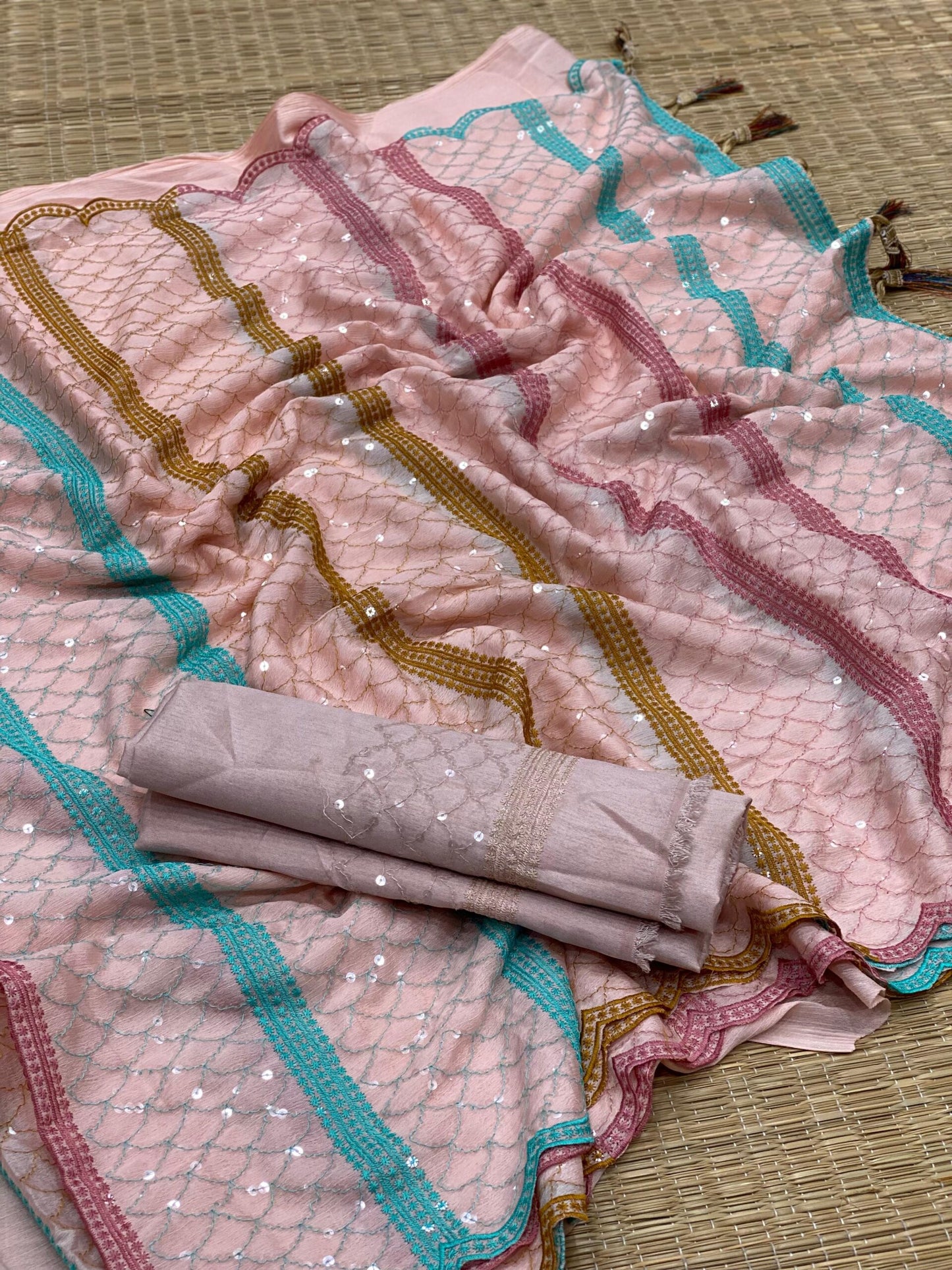 Beautiful Glamorous Light Pink Color Chinnon Saree