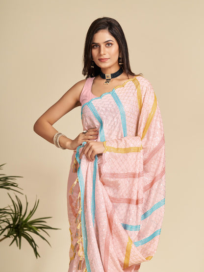 Beautiful Glamorous Light Pink Color Chinnon Saree