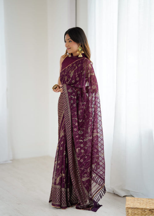 Elegant Purple Color Georgette Party Wear Saree with Foil Print & Fancy Zalar Lace