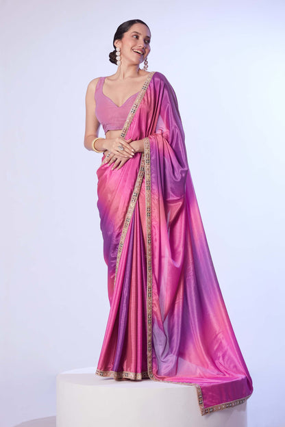 Chinon fabric digital printed saree with designer lace and unstitched blouse