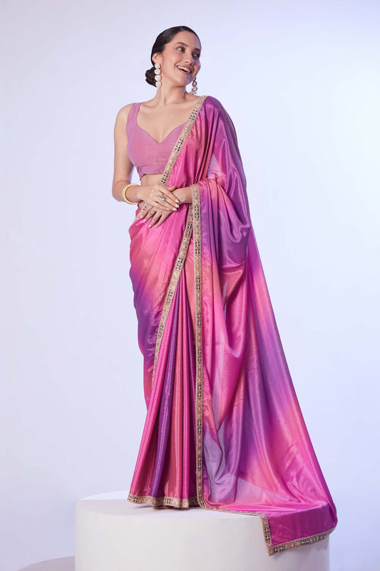 Chinon fabric digital printed saree with designer lace and unstitched blouse