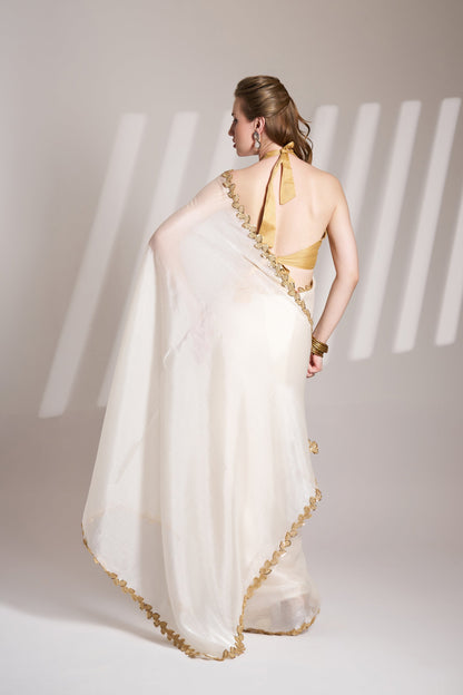 Elegant Off White Burberry Organza Saree with Designer Lace – Party Wear
