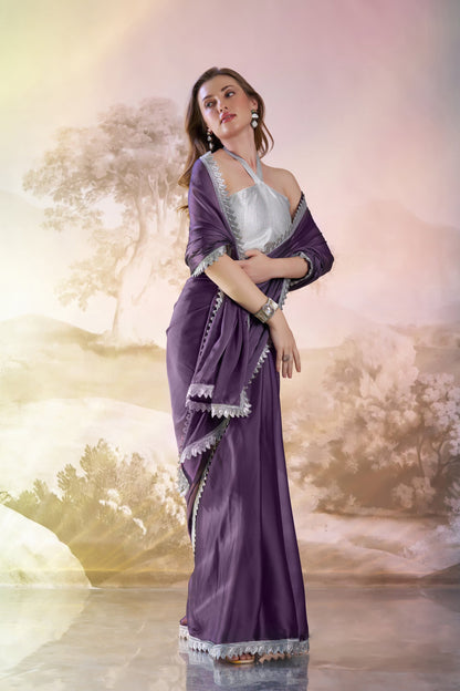 Stunning Plum Purple Satin Rangoli Saree for Special Occasions with Designer Lace