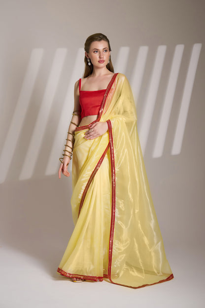 Yellow Color Twill Net Saree with Designer Lace – Party Wear Saree