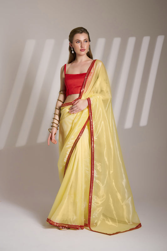 Yellow Color Twill Net Saree with Designer Lace – Party Wear Saree