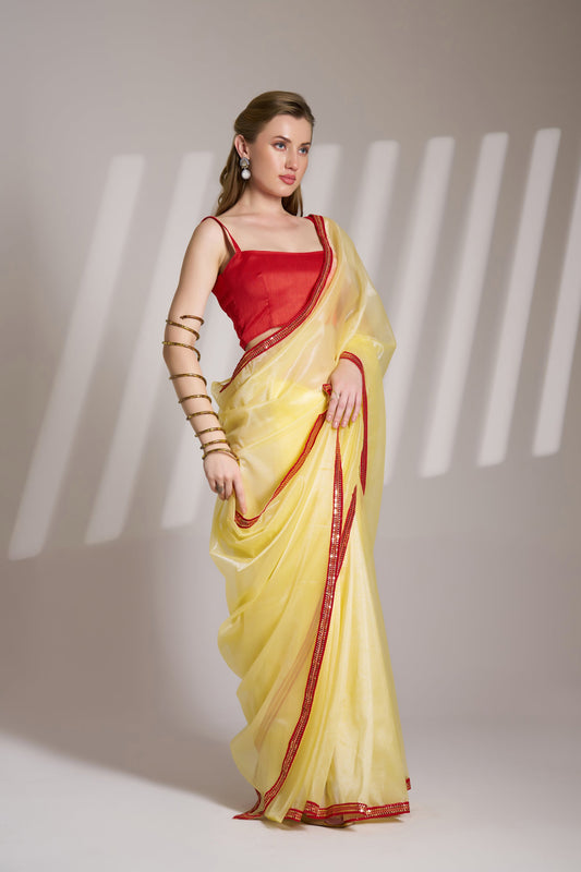 Yellow Color Twill Net Saree with Designer Lace – Party Wear Saree