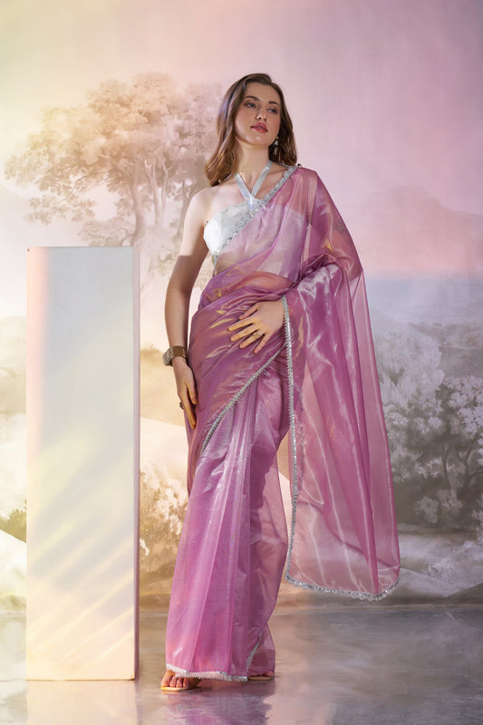 Lavender Color twill net saree with designer lace and unstitched blouse