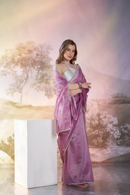 Lavender Color twill net saree with designer lace and unstitched blouse