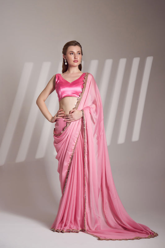 Pink Chiffon Saree with Designer Lace for Party Wear