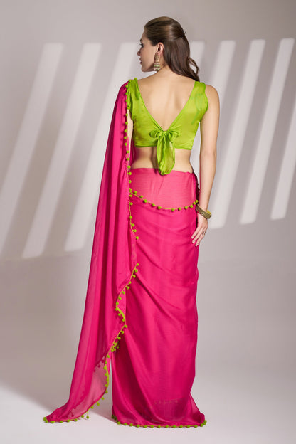 Pink color chiffon fabric saree with designer lace and unstitched blouse