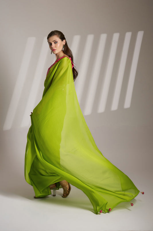 Green Chiffon Saree with Designer Lace and Unstitched Blouse – Party & Festive Wear