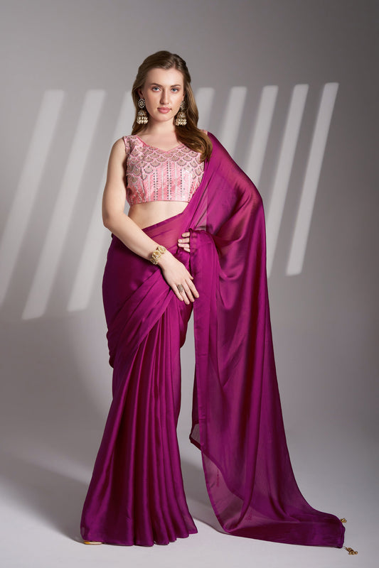 Magenta Chiffon Party Wear Saree with Fancy Tassels