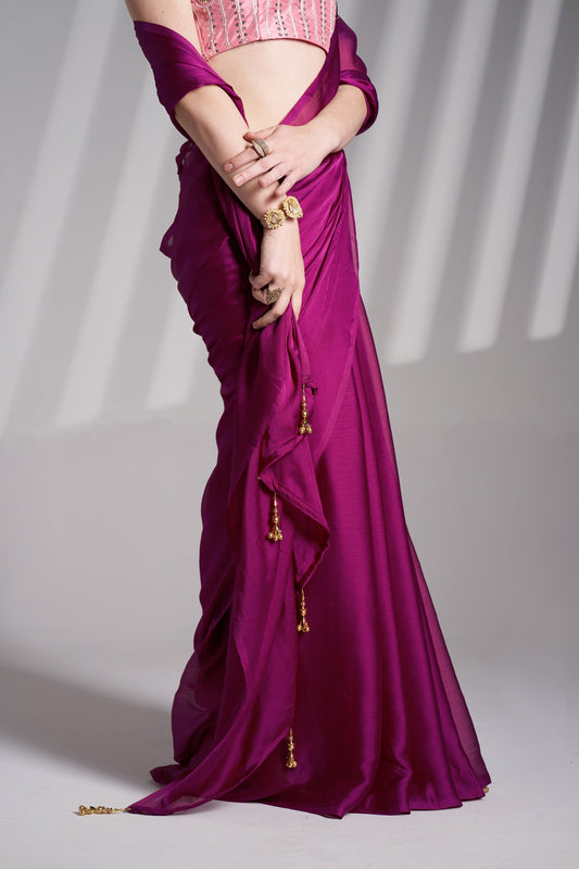 Magenta Chiffon Party Wear Saree with Fancy Tassels