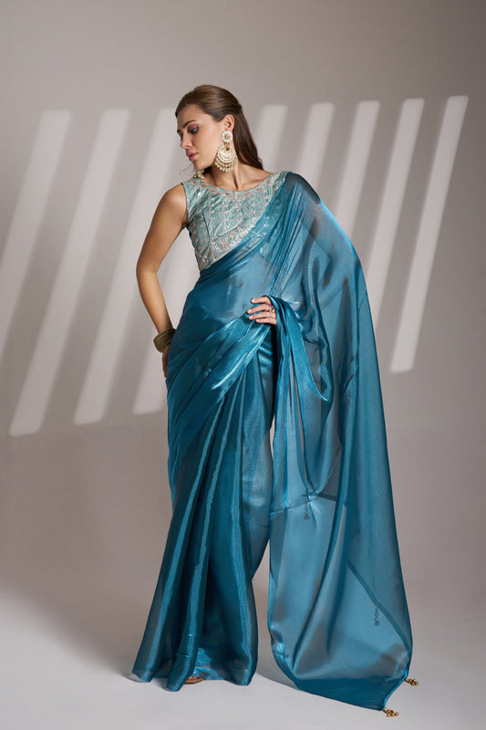 Sea Blue Party Wear Burberry Organza Saree