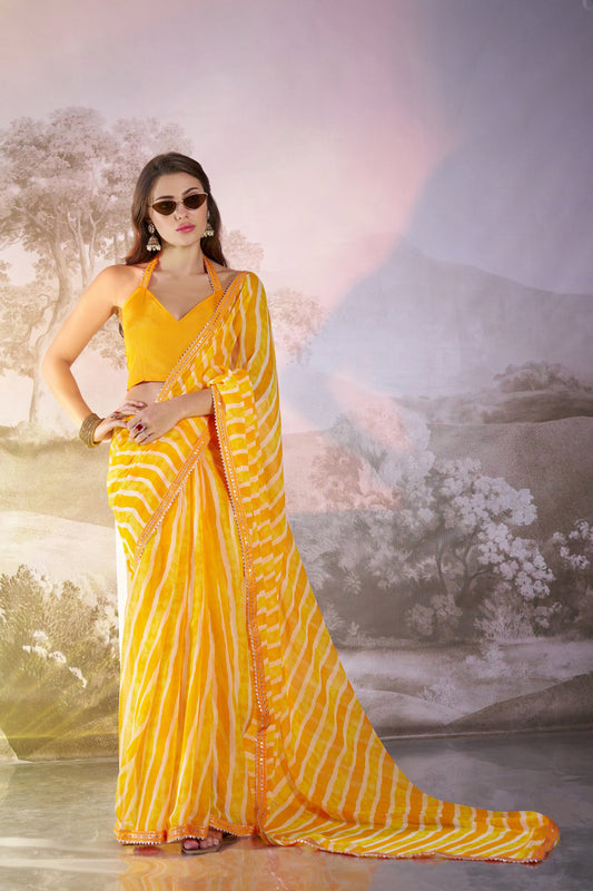 Yellow Georgette Printed Party Wear Saree with Fancy Lace