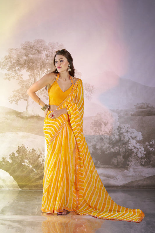 Yellow Georgette Printed Party Wear Saree with Fancy Lace