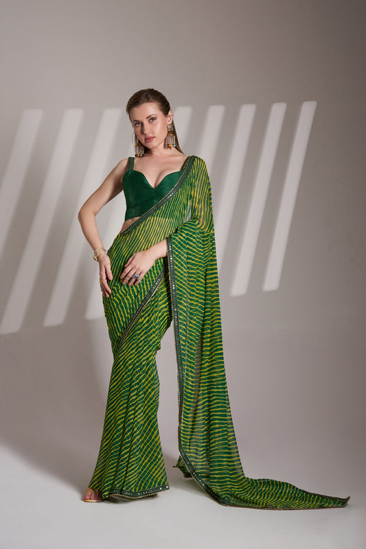 Green Georgette Printed Party Wear Saree with Fancy Lace