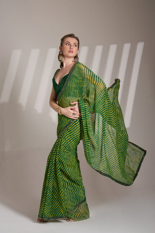 Green Georgette Printed Party Wear Saree with Fancy Lace