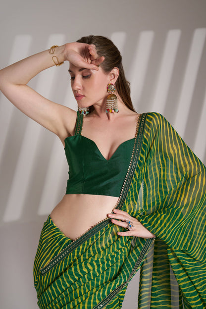 Green Georgette Printed Party Wear Saree with Fancy Lace