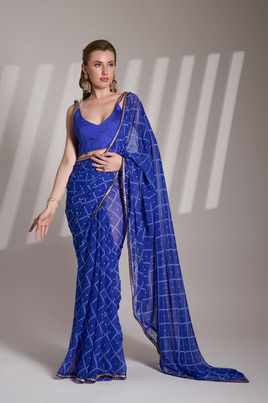 Blue Georgette Printed Party Wear Saree with Fancy Lace