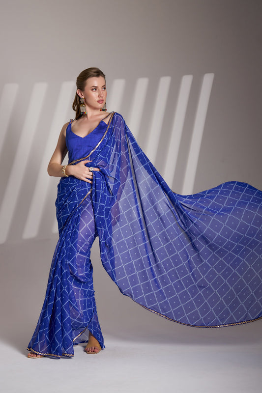 Blue Georgette Printed Party Wear Saree with Fancy Lace