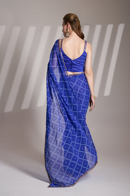 Blue Georgette Printed Party Wear Saree with Fancy Lace