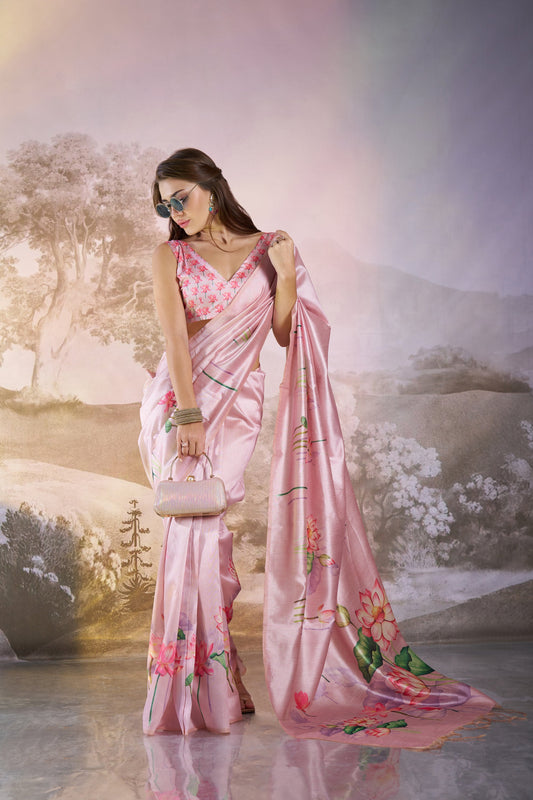 Pink Linen Floral Print Party Wear Saree
