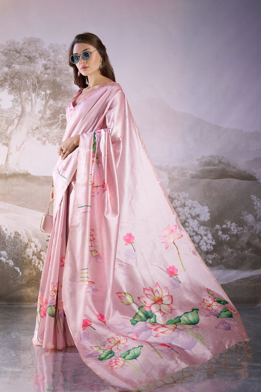 Pink Linen Floral Print Party Wear Saree