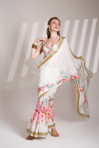 White Color Linen Floral Print Party Wear Saree