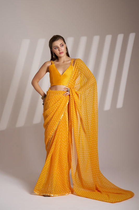 Yellow Georgette Laheriya Print Party Wear Saree with Fancy Lace