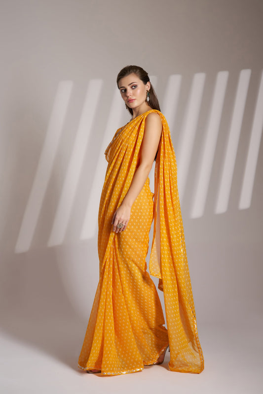 Yellow Georgette Laheriya Print Party Wear Saree with Fancy Lace