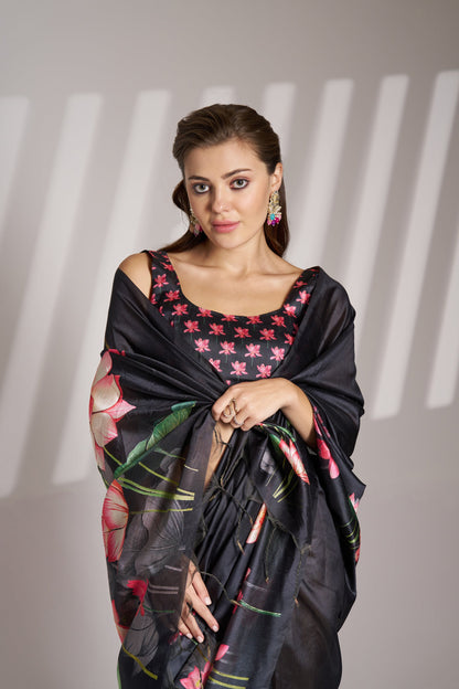 Black Linen Floral Print Party Wear Saree