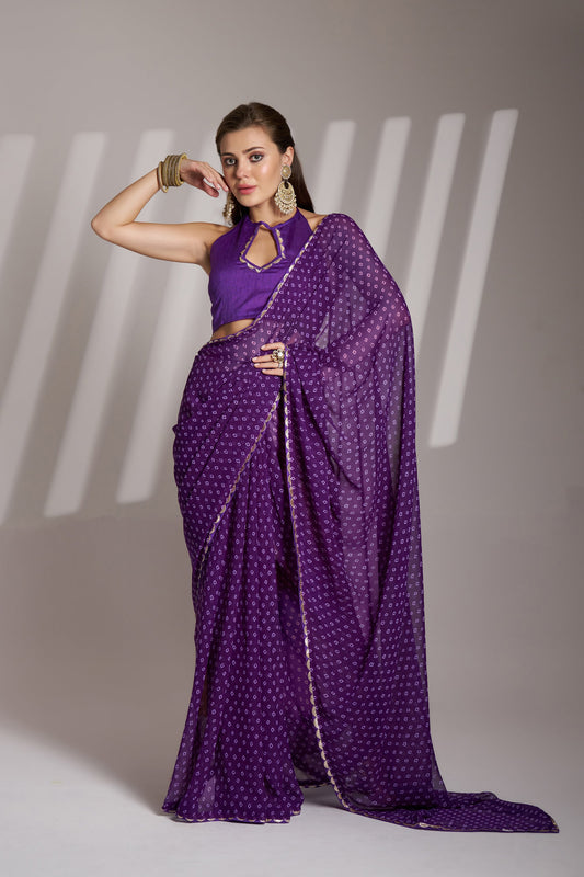 Purple Georgette Printed Party Wear Saree with Fancy Lace