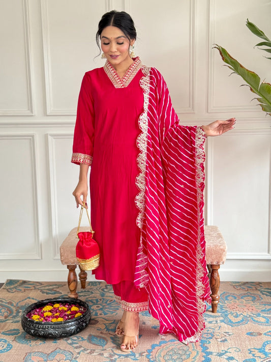 Red Color Chanderi Kurti Pant Set