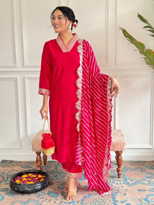 Red Color Chanderi Kurti Pant Set