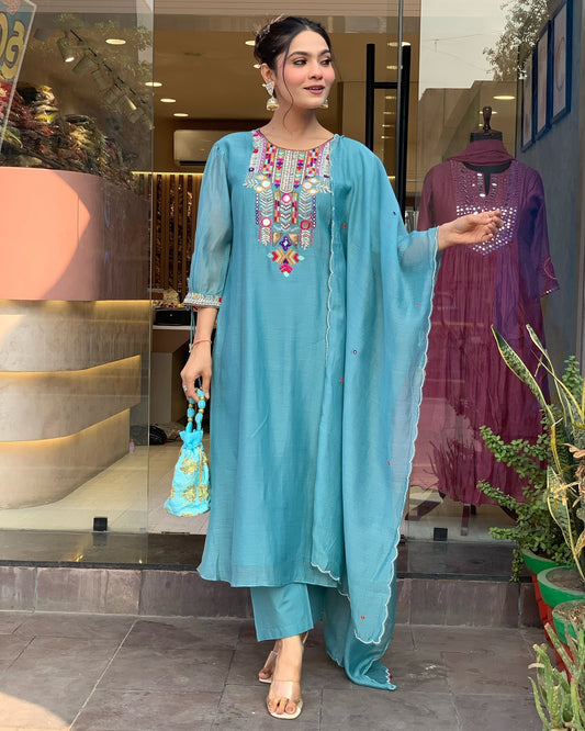 Blue Color Chanderi Silk  Designer Kurti Pant Set