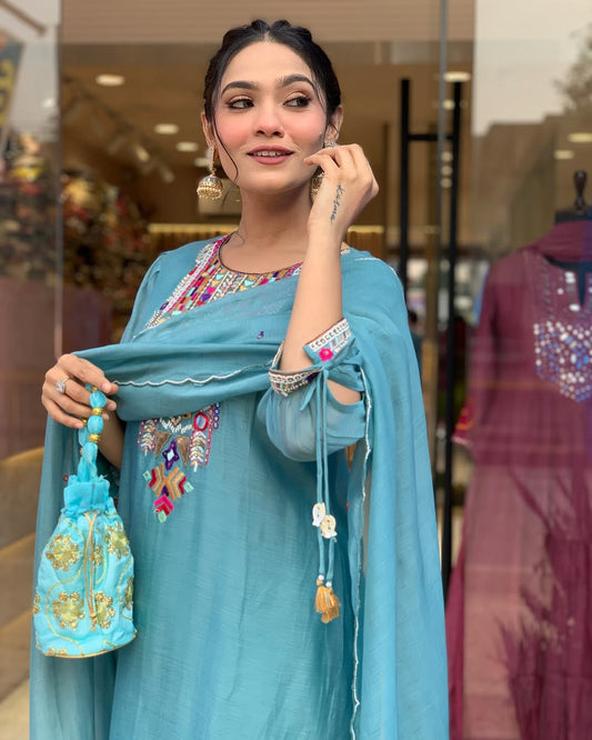 Blue Color Chanderi Silk  Designer Kurti Pant Set