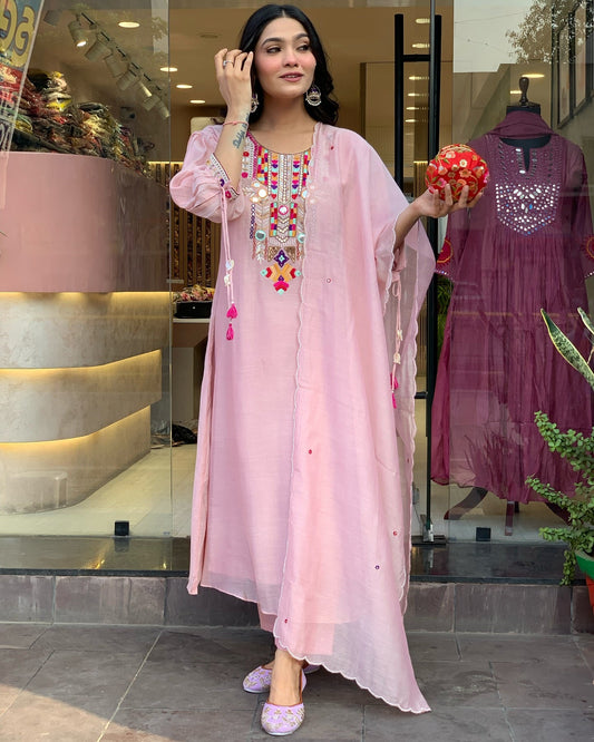 Pink Color Chanderi Silk  Designer Kurti Pant Set
