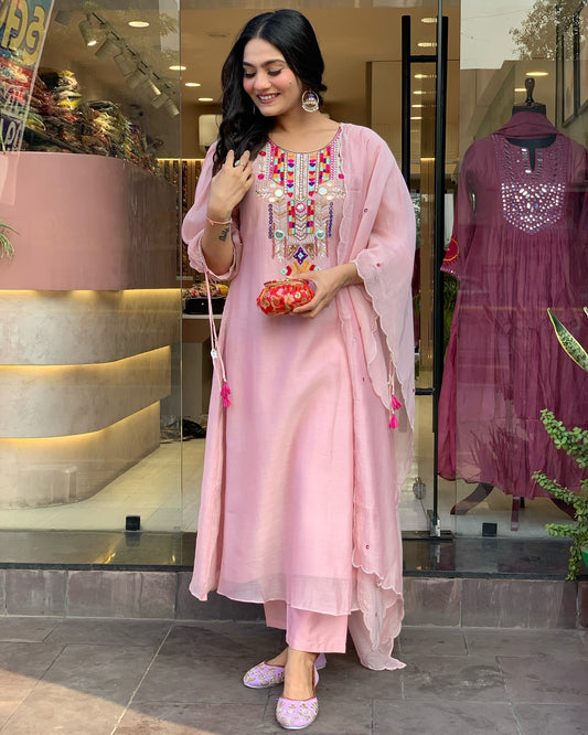 Pink Color Chanderi Silk  Designer Kurti Pant Set