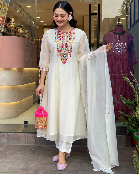 White Color Chanderi Silk  Designer Kurti Pant Set
