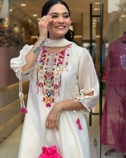 White Color Chanderi Silk  Designer Kurti Pant Set
