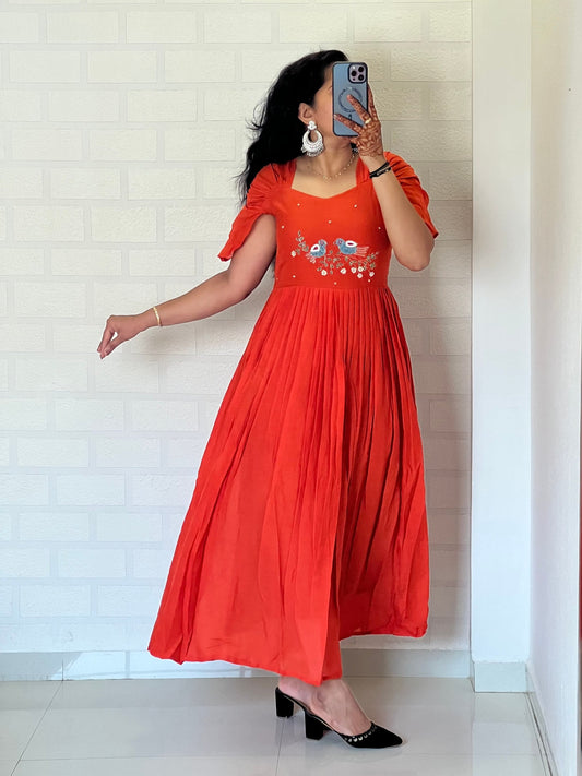 New Orange Color Pure Mul Cotton Hand Maggam work Kurti