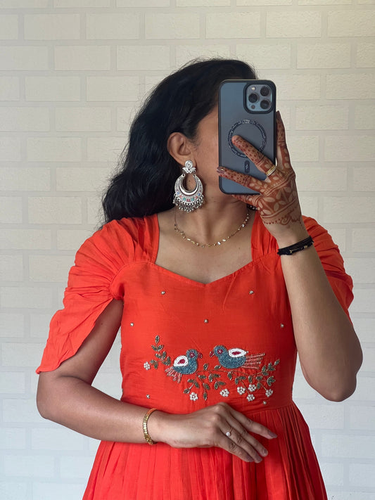 New Orange Color Pure Mul Cotton Hand Maggam work Kurti