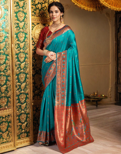 Amazing Rama Color Silk Woven Weaving Work Paithani Saree