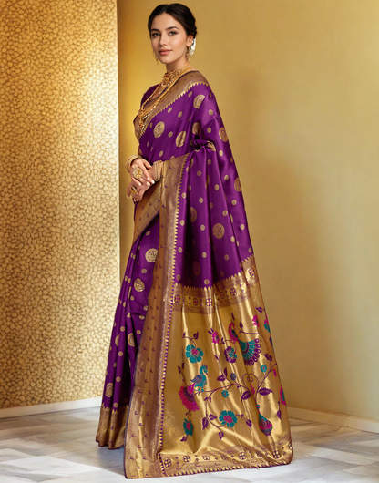 Purple Color Silk Woven Weaving Work Paithani Saree