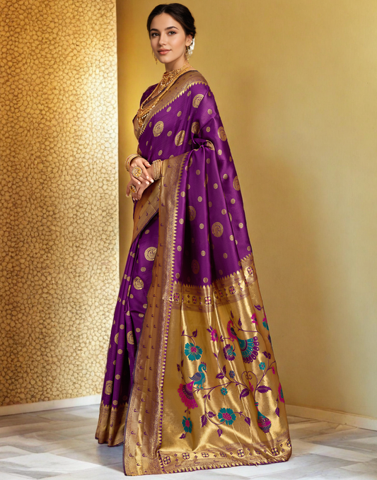 Purple Color Silk Woven Weaving Work Paithani Saree